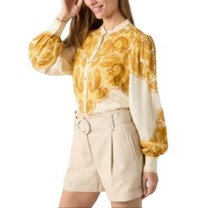 RYEGRASS Paisley Print Button Up Shirt Long Sleeve Women S Yellow Linen Blend